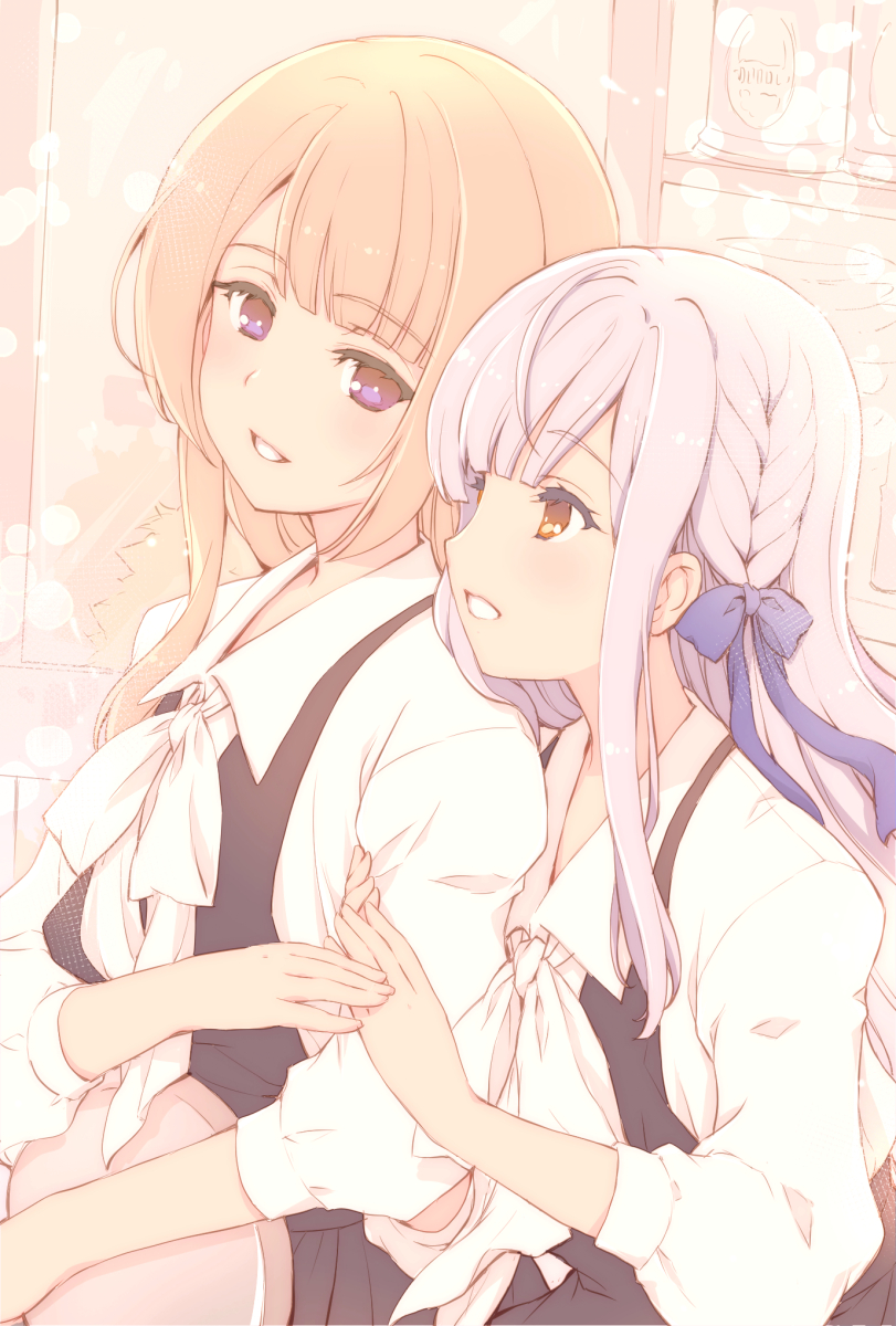 2girls, ameiro_kouchakan_kandan, arm_hug, assault_lily, bangs, black_dress, blonde_hair, blue_ribbon