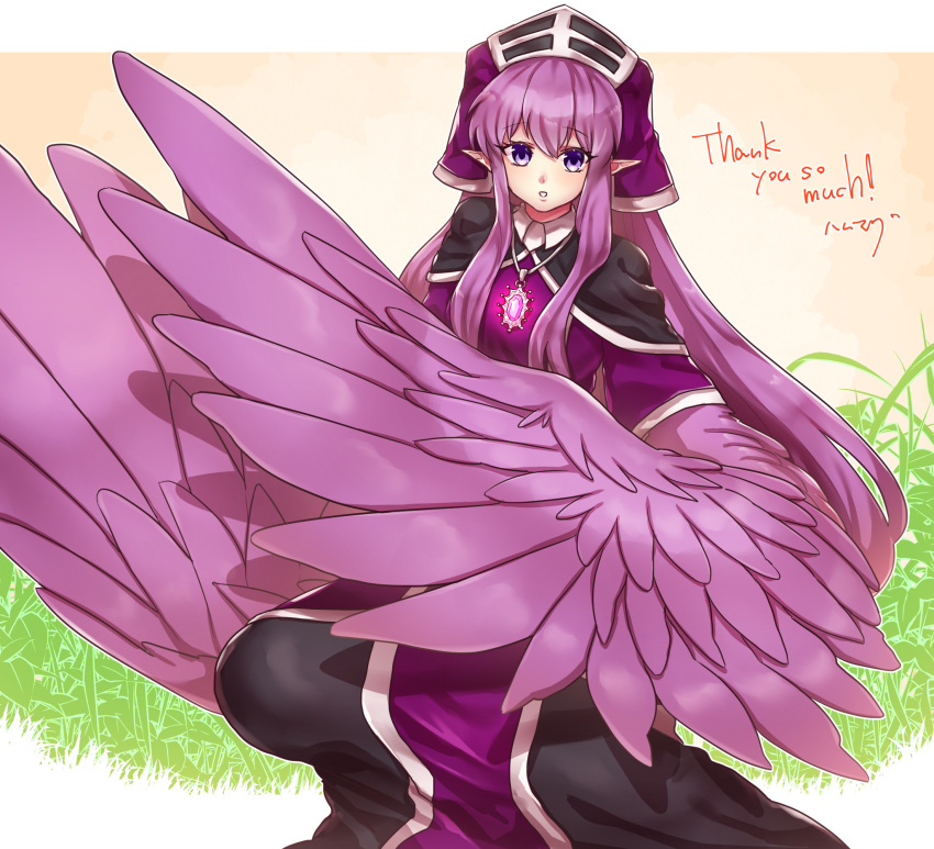 1girl, amulet, bangs, commission, grass, hamham_121, harpy, highres