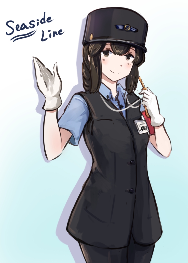 1girl, armband, black_hair, black_vest, blue_shirt, braid, brown_eyes, employee_uniform