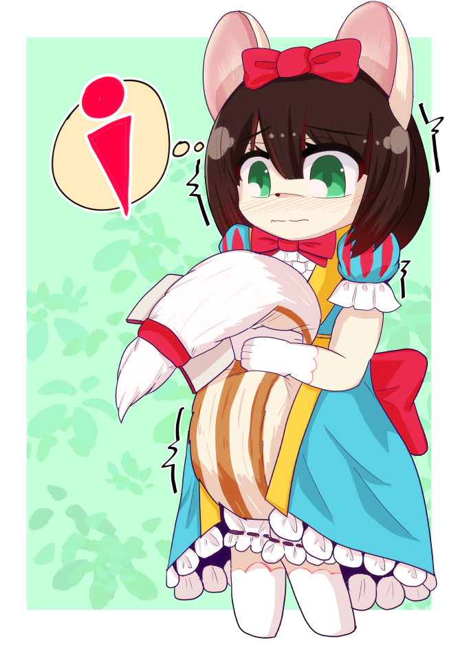 1girl, animal_ears, animal_nose, bangs, between_legs, bloomers, blue_dress, blush, bob_cut, border, bow, bowtie, brown_hair, child, closed_mouth, commentary_request, cropped_legs, dress, duel_monster, embarrassed, fairy_tail_snow, flat_chest, frilled_sleeves, frills, furry, furry_female, gloves, green_background, green_eyes, hair_bow, hands_up, have_to_pee, hitsuji_kaichou, kneehighs, nose_blush, outside_border, puffy_short_sleeves, puffy_sleeves, red_bow, red_bowtie, red_ribbon, ribbon, ribbon-trimmed_bloomers, ribbon_trim, shiny, shiny_hair, short_hair, short_sleeves, sidelocks, solo, split_mouth, squirrel_ears, squirrel_girl, squirrel_tail, standing, tail, tail_between_legs, tail_hug, tail_ornament, tail_ribbon, thought_bubble, traditional_bowtie, trembling, underwear, wavy_mouth, white_bloomers, white_border, white_gloves, white_legwear, wide-eyed, yu-gi-oh!