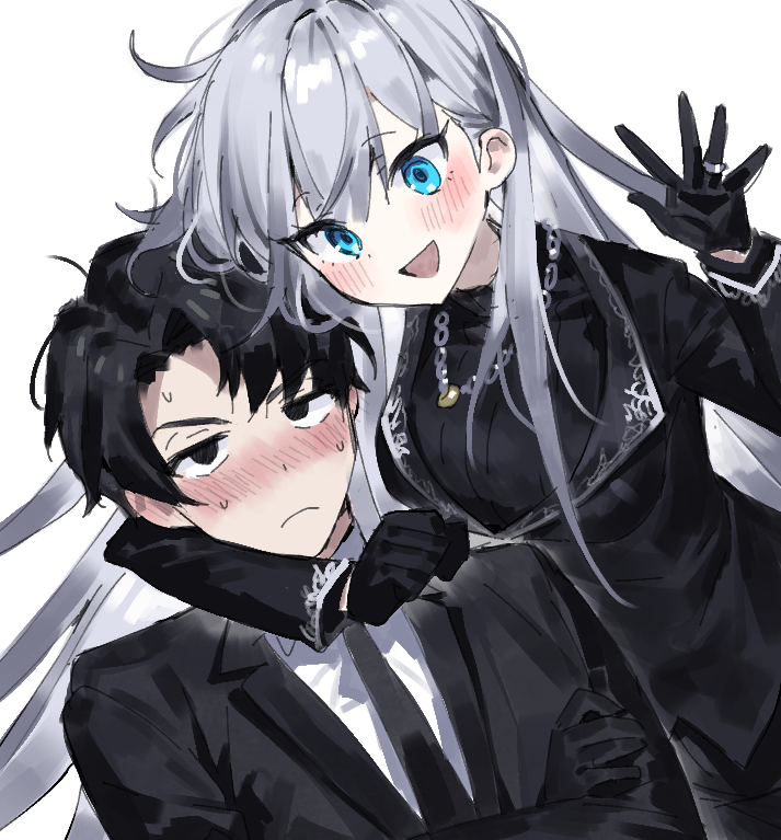 1boy, 1girl, angelica_(library_of_ruina), arm_around_neck, bangs, black_eyes, black_gloves, black_hair