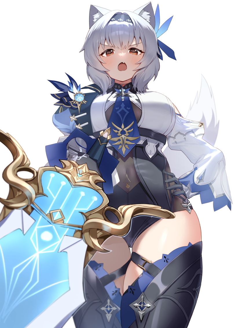 1girl, :o, absurdres, animal_ears, black_legwear, black_leotard, breasts, cosplay, covered_navel, cowboy_shot, crop_top, eula_(genshin_impact), eula_(genshin_impact)_(cosplay), fang, foreshortening, from_below, genshin_impact, hairband, highres, holding, holding_sword, holding_weapon, inubashiri_momiji, large_breasts, leotard, long_sleeves, looking_at_viewer, open_mouth, red_eyes, shirt, short_hair, solo, song_of_broken_pines_(genshin_impact), standing, sword, taeminhyeon, tail, thigh-highs, thigh_gap, thighs, touhou, v-shaped_eyebrows, vision_(genshin_impact), weapon, white_hair, white_shirt, wolf_ears, wolf_girl, wolf_tail