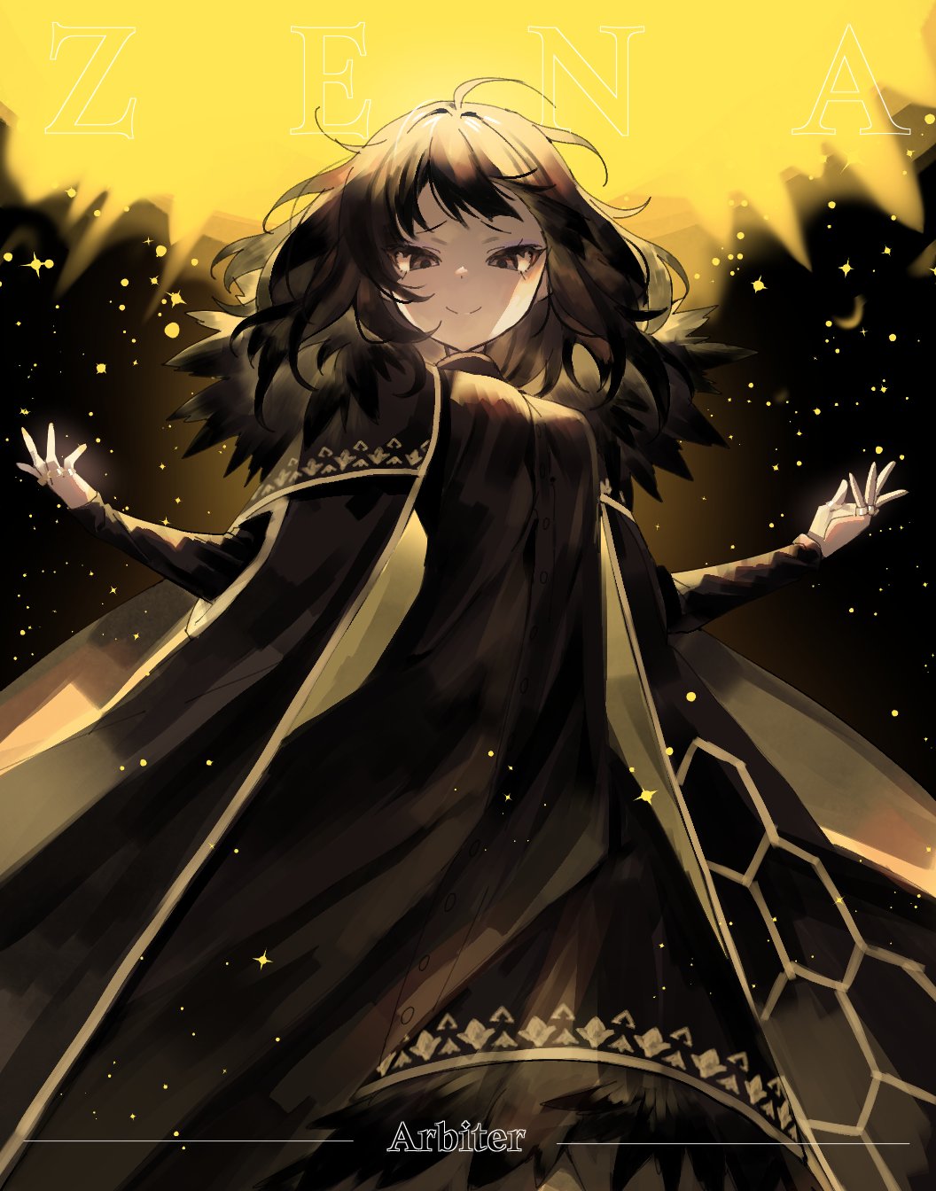 1girl, ahoge, alternate_hair_length, alternate_hairstyle, bangs, black_coat, black_dress, black_eyes, black_hair, breasts, character_name, closed_mouth, coat, commentary_request, crossed_bangs, devy_lobotomy, dress, evil_smile, from_below, fur-trimmed_coat, fur-trimmed_dress, fur_trim, gesugao, gold_trim, hands_up, highres, honeycomb_(pattern), jewelry, korean_commentary, library_of_ruina, long_hair, long_sleeves, looking_at_viewer, messy_hair, multiple_rings, outstretched_arms, project_moon, ring, simple_background, small_breasts, smile, solo, sparkle, split_mouth, spread_arms, standing, zena_(library_of_ruina)