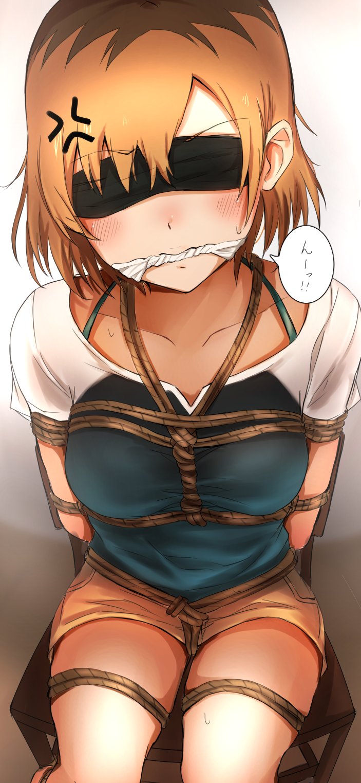 1girl, anger_vein, arms_behind_back, bangs, black_blindfold, blindfold, blue_shirt, blush