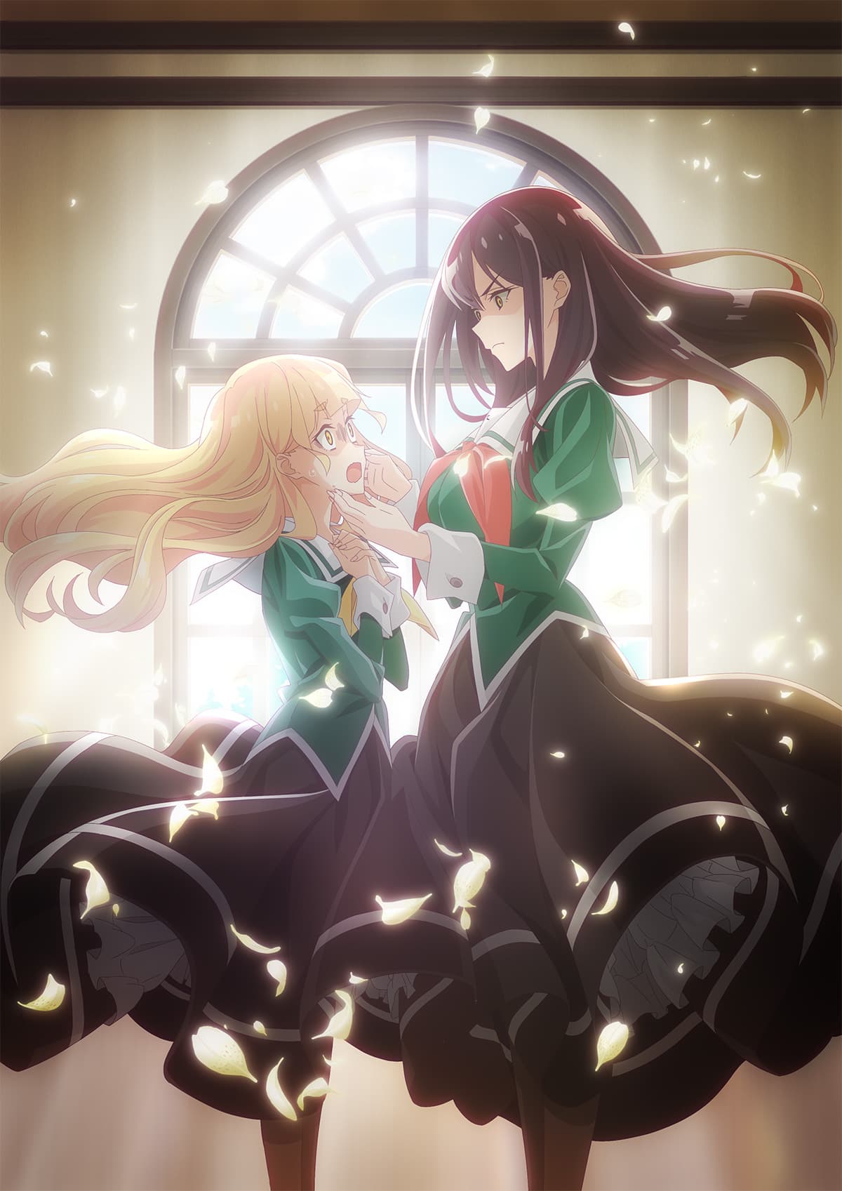 2girls, :o, bangs, black_hair, black_legwear, black_skirt, blonde_hair, blunt_bangs, brown_eyes, from_side, frown, green_shirt, highres, key_visual, long_hair, long_skirt, looking_at_another, multiple_girls, neckerchief, official_art, promotional_art, red_neckerchief, sailor_collar, school_uniform, serafuku, shaded_face, shiraki_hime, shirt, skirt, watashi_no_yuri_wa_oshigoto_desu!, yano_mizuki, yellow_neckerchief
