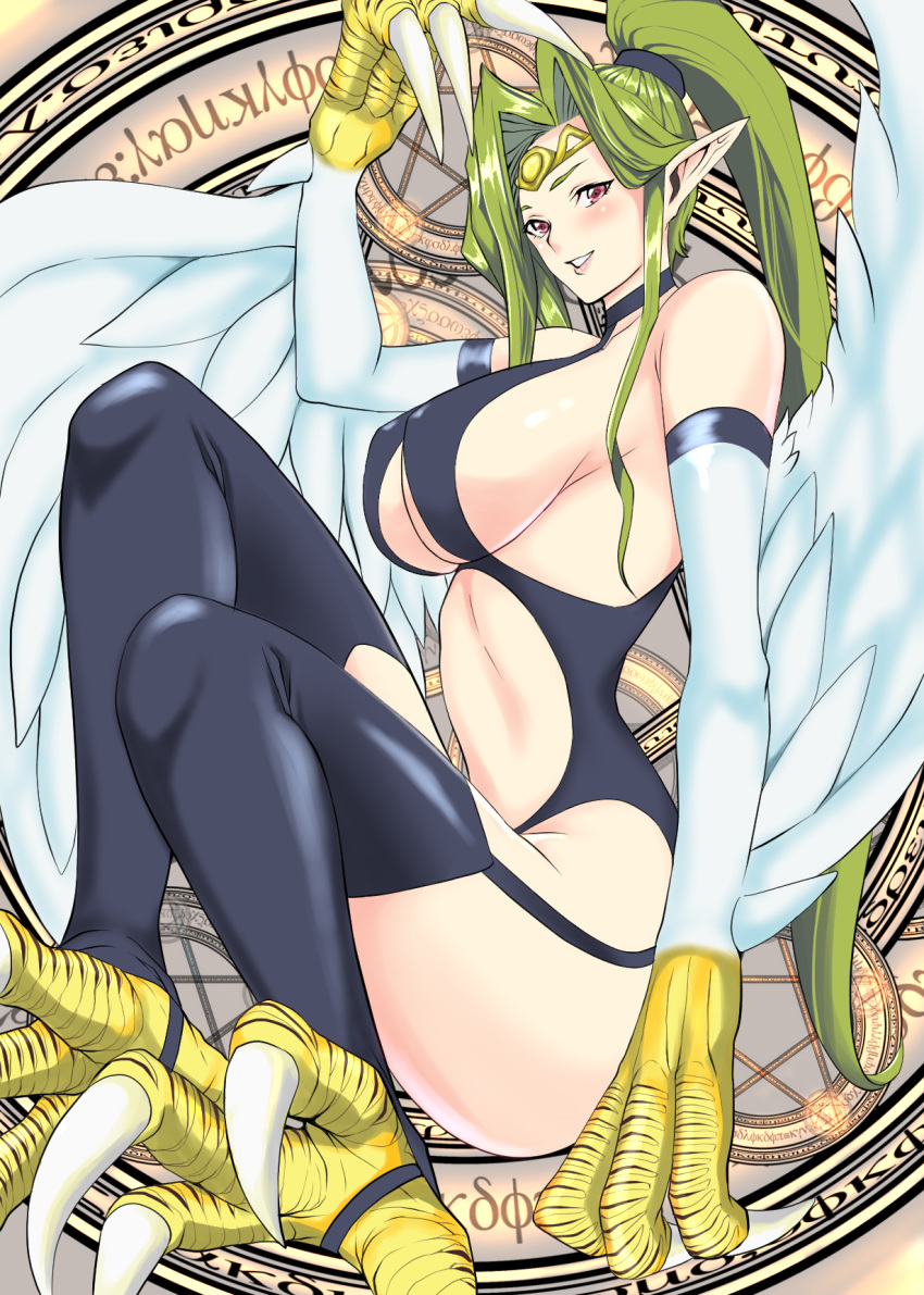 1girl, animal_feet, animal_hands, bare_shoulders, black_legwear, blush, breasts, circlet, claws, commentary_request, duel_monster, feathered_wings, feathers, garter_straps, greek_text, green_hair, harpie_queen, harpy, highres, kairaku_namakikurage, large_breasts, long_hair, monster_girl, pointy_ears, ponytail, redhead, revealing_clothes, sideboob, smile, solo, talons, thigh-highs, under_boob, very_long_hair, white_feathers, white_wings, winged_arms, wings, yu-gi-oh!