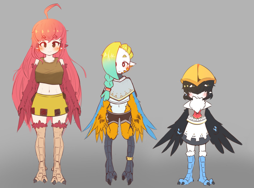 3girls, absurdres, ahoge, animal_ears, bangs, bare_shoulders, bird_ears, bird_legs
