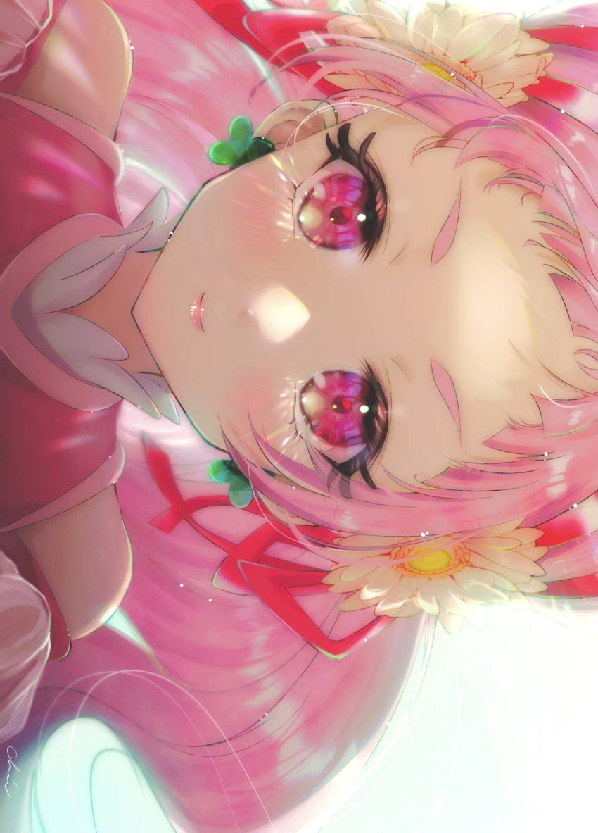 1girl, absurdres, closed_mouth, cure_yell, eyelashes, face, flower, four-leaf_clover_earrings