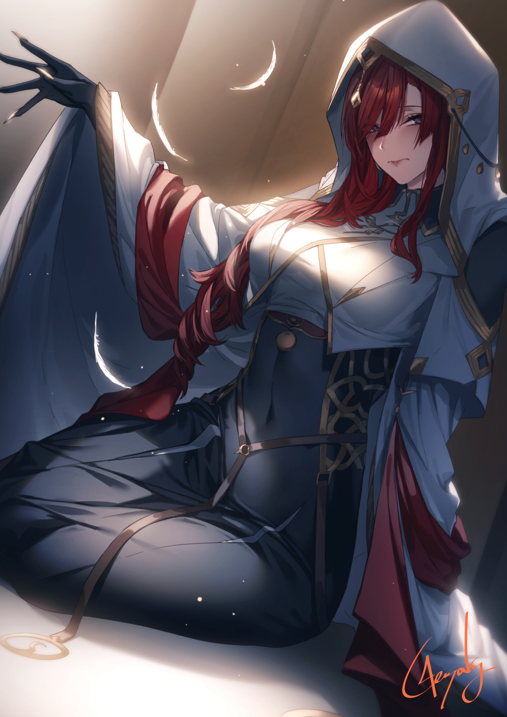 1girl, bangs, black_dress, blush, breasts, claws, dress, fate/grand_order, fate_(series), feathers, genyaky, highres, hood, hood_up, hooded_robe, long_hair, looking_at_viewer, medium_breasts, miss_crane_(fate), redhead, sash, sitting, solo, two-tone_dress, violet_eyes, white_dress, white_robe