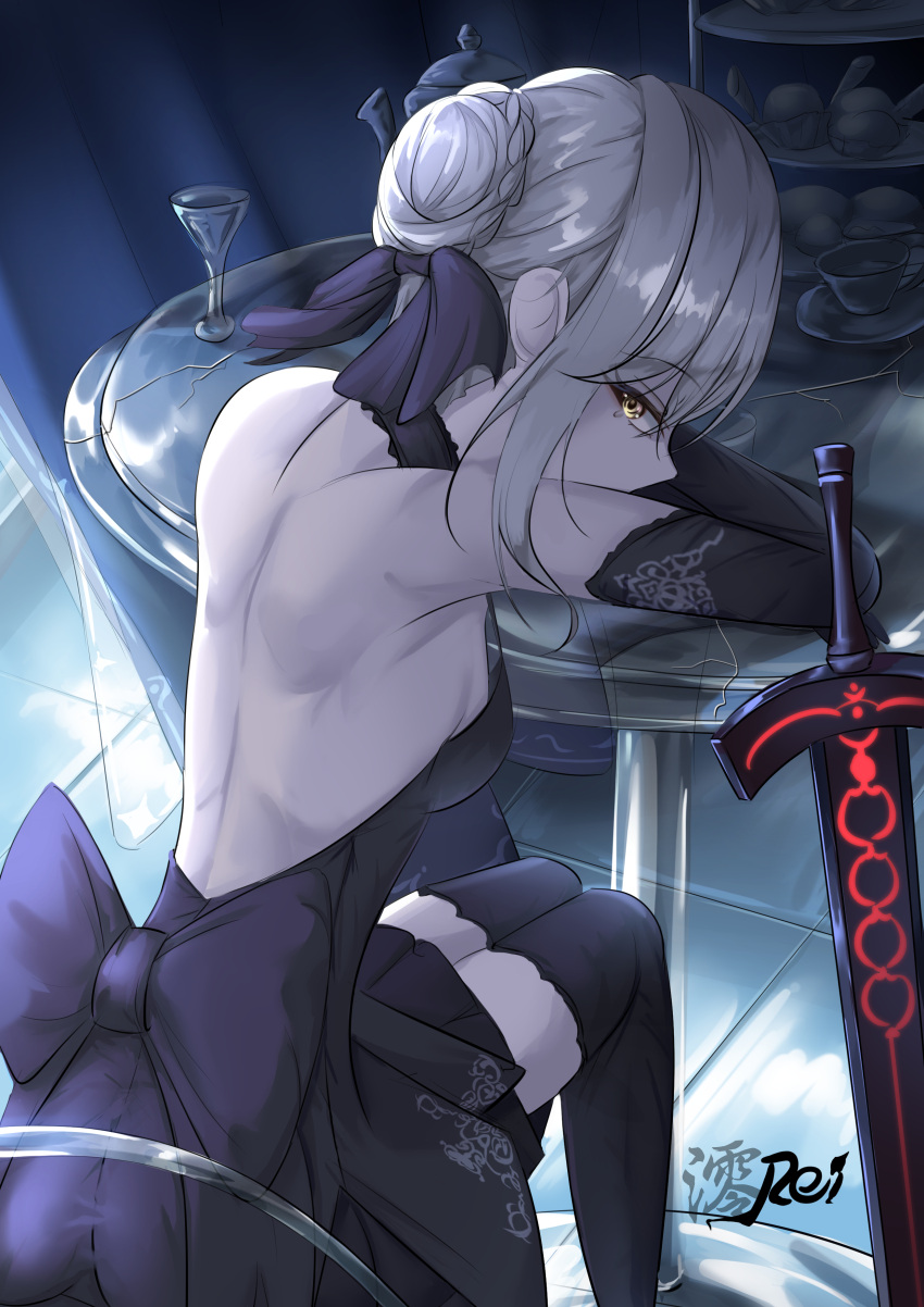 1girl, absurdres, artoria_pendragon_(fate), backless_dress, backless_outfit, black_dress, black_gloves, black_legwear, black_ribbon, braid, braided_bun, cup, dress, elbow_gloves, excalibur_morgan_(fate), fate/grand_order, fate/stay_night, fate_(series), from_behind, gloves, hair_bun, hair_ribbon, head_rest, highres, looking_at_viewer, looking_back, on_chair, rei000531, ribbon, round_table, saber_alter, signature, solo, teardrop, thigh-highs, yellow_eyes