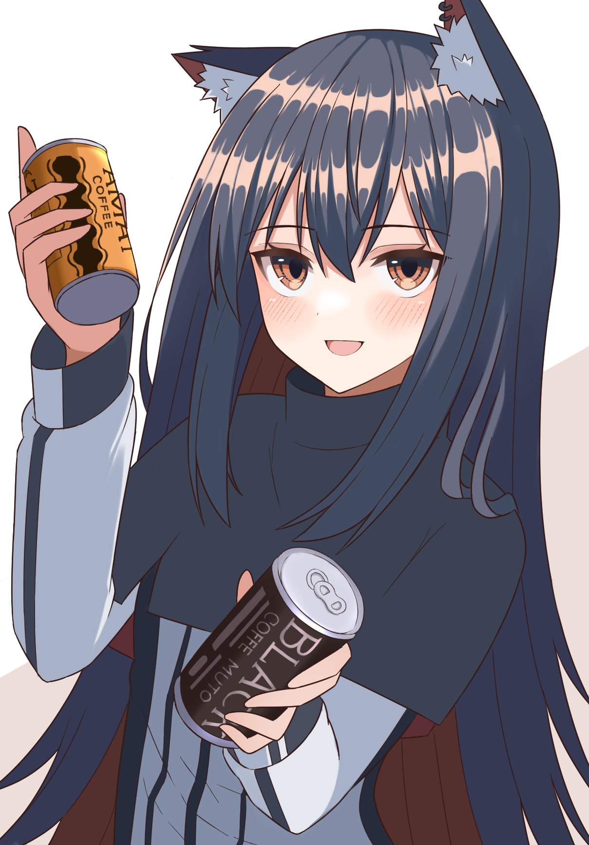 1girl, :d, animal_ear_fluff, animal_ears, arknights, bangs, black_capelet, black_hair, blush, brown_background, brown_eyes, capelet, coffee_can, eyebrows_visible_through_hair, highres, holding, kuwan4971, long_hair, long_sleeves, looking_at_viewer, multicolored_hair, open_mouth, redhead, shirt, sidelocks, smile, solo, straight_hair, texas_(arknights), two-tone_background, two-tone_hair, very_long_hair, white_background, white_shirt, wolf_ears
