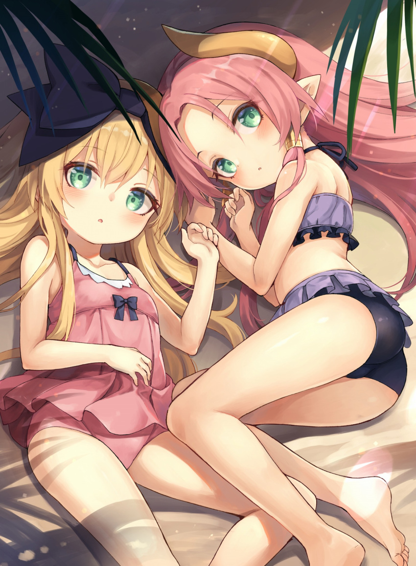 2girls, :o, aruma_(shinrabanshou), ass, bare_arms, bare_legs, bare_shoulders, beach