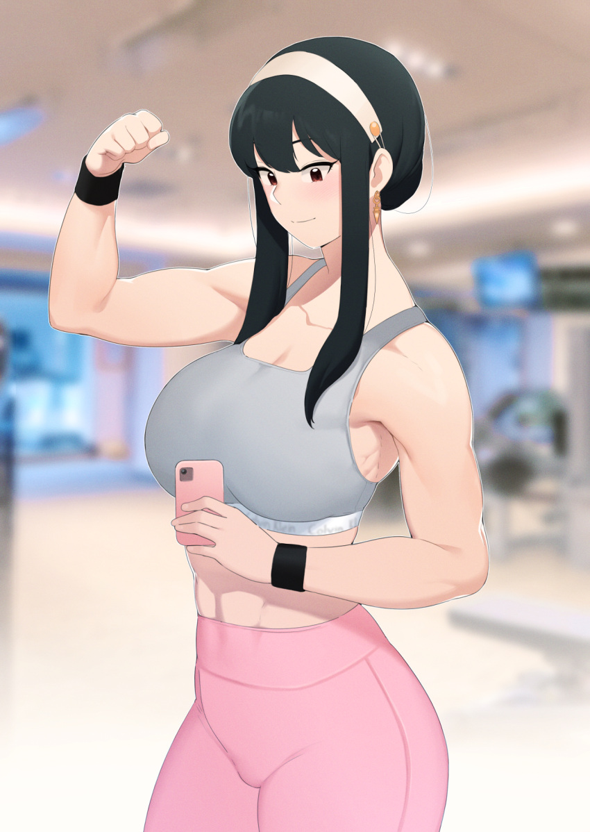 1girl, arm_scrunchie, bangs, black_hair, cellphone, flexing, gym, hairband