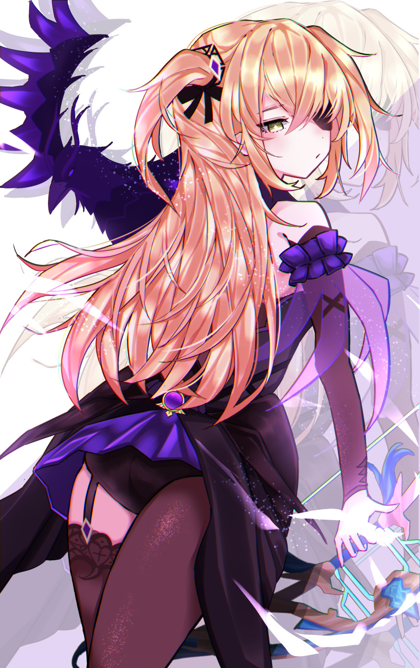 1girl, absurdres, animal, ass, asymmetrical_legwear, back, bangs, bird, black_eyepatch, black_panties, blonde_hair, bow_(weapon), commentary_request, contrapposto, crossed_bangs, crow, detached_sleeves, elegy_of_the_end_(genshin_impact), eyepatch, familiar, fischl_(genshin_impact), from_behind, garter_straps, genshin_impact, green_eyes, hair_between_eyes, hair_ornament, hair_ribbon, half-closed_eyes, highres, holding, holding_bow_(weapon), holding_weapon, knees_up, leaning_forward, long_hair, long_sleeves, looking_back, mismatched_legwear, one_eye_covered, oz_(genshin_impact), panties, ribbon, see-through, see-through_legwear, shi_to_na, single_thighhigh, thigh-highs, two_side_up, underwear, vision_(genshin_impact), weapon, white_background, zoom_layer
