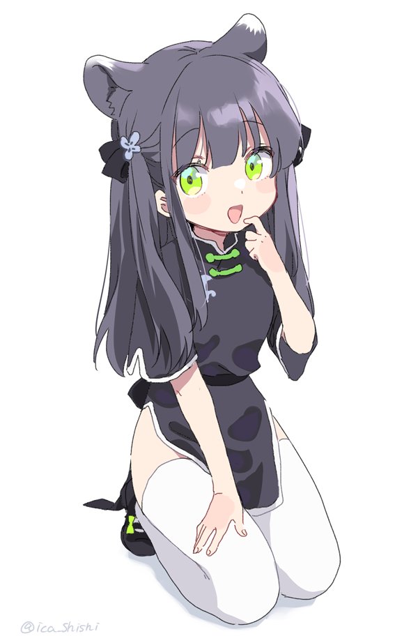 1girl, animal_ear_fluff, animal_ears, black_dress, black_footwear, black_hair, blue_archive, china_dress, chinese_clothes, dress, finger_to_mouth, green_eyes, hand_on_own_thigh, ica, long_hair, mary_janes, open_mouth, shoes, short_sleeves, shun_(blue_archive), shun_(kid)_(blue_archive), simple_background, sitting, smile, solo, thigh-highs, thighs, tiger_ears, tiger_girl, twintails, white_background, white_legwear