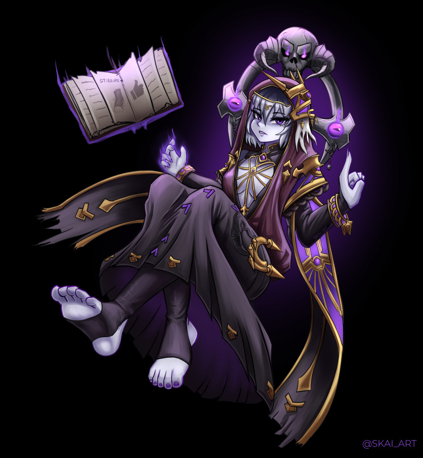 1girl, absurdres, artist_name, black_background, book, breasts, colored_skin, cosplay