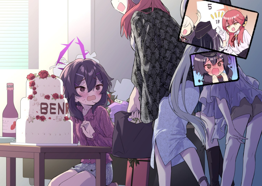 4girls, @_@, alternate_costume, aru_(blue_archive), bag, black_bag, black_shawl, blouse