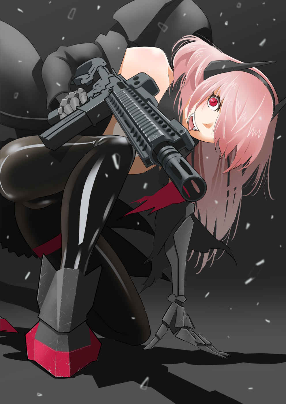 1girl, amehashi_(vdde3724), assault_rifle, black_jacket, black_legwear, girls_frontline, gun, hair_over_one_eye