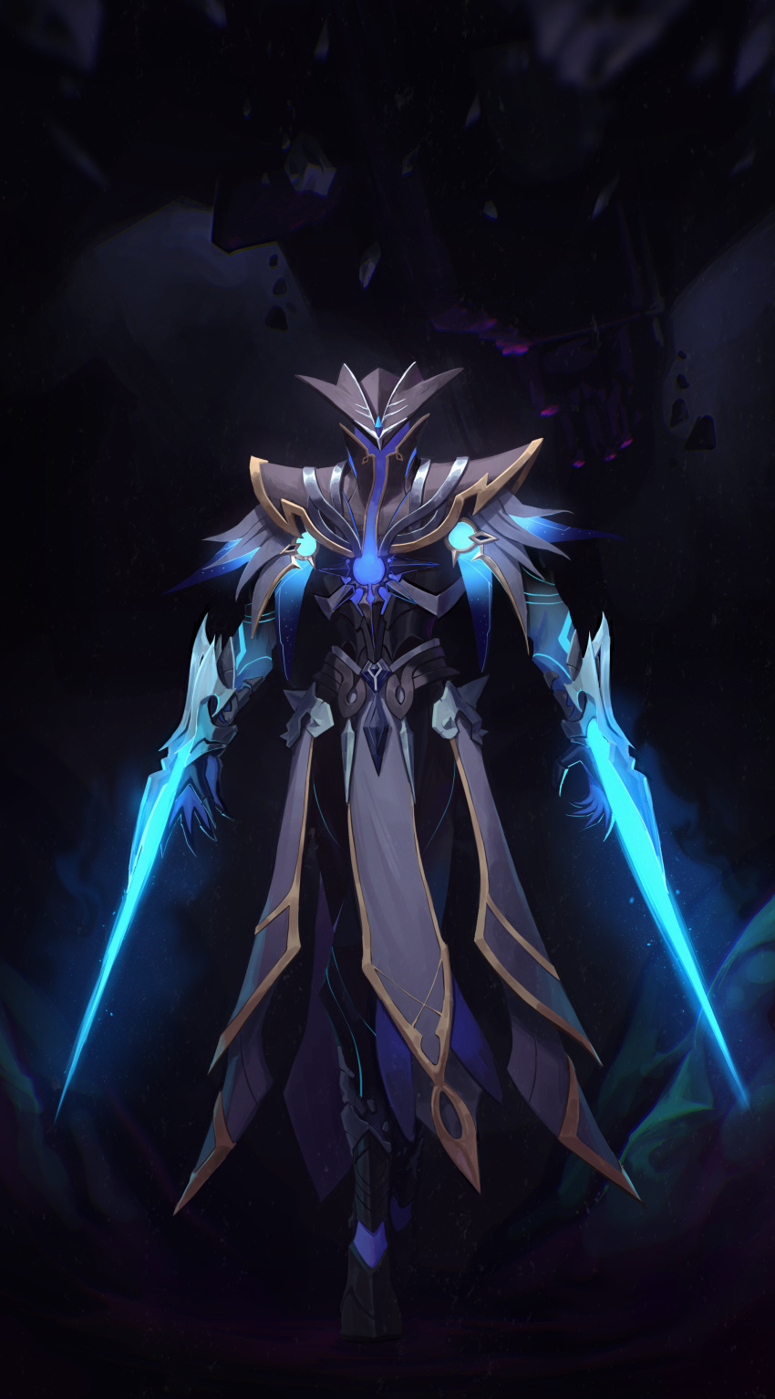 1boy, absurdres, abyss_herald_(genshin_impact), armor, armored_boots, black_background, boots, commentary