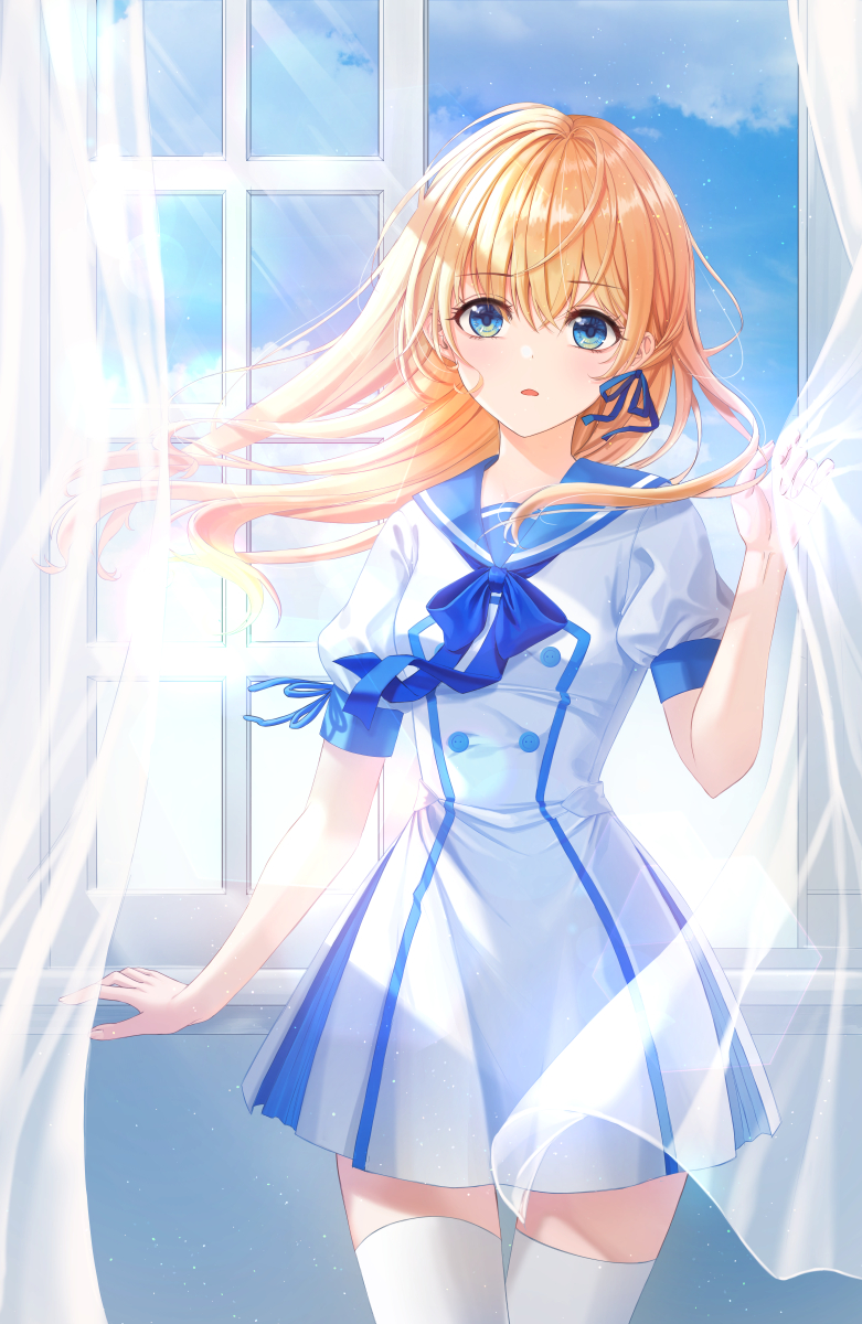 1girl, bangs, blonde_hair, blue_eyes, blue_neckerchief, blue_ribbon, blue_sailor_collar, buttons, chiya_(inae129), commentary_request, cowboy_shot, curtains, day, dress, eyebrows_visible_through_hair, floating_hair, hair_between_eyes, hair_ribbon, highres, long_hair, neckerchief, original, puffy_short_sleeves, puffy_sleeves, ribbon, sailor_collar, sailor_dress, short_sleeves, solo, thigh-highs, white_dress, white_legwear, window