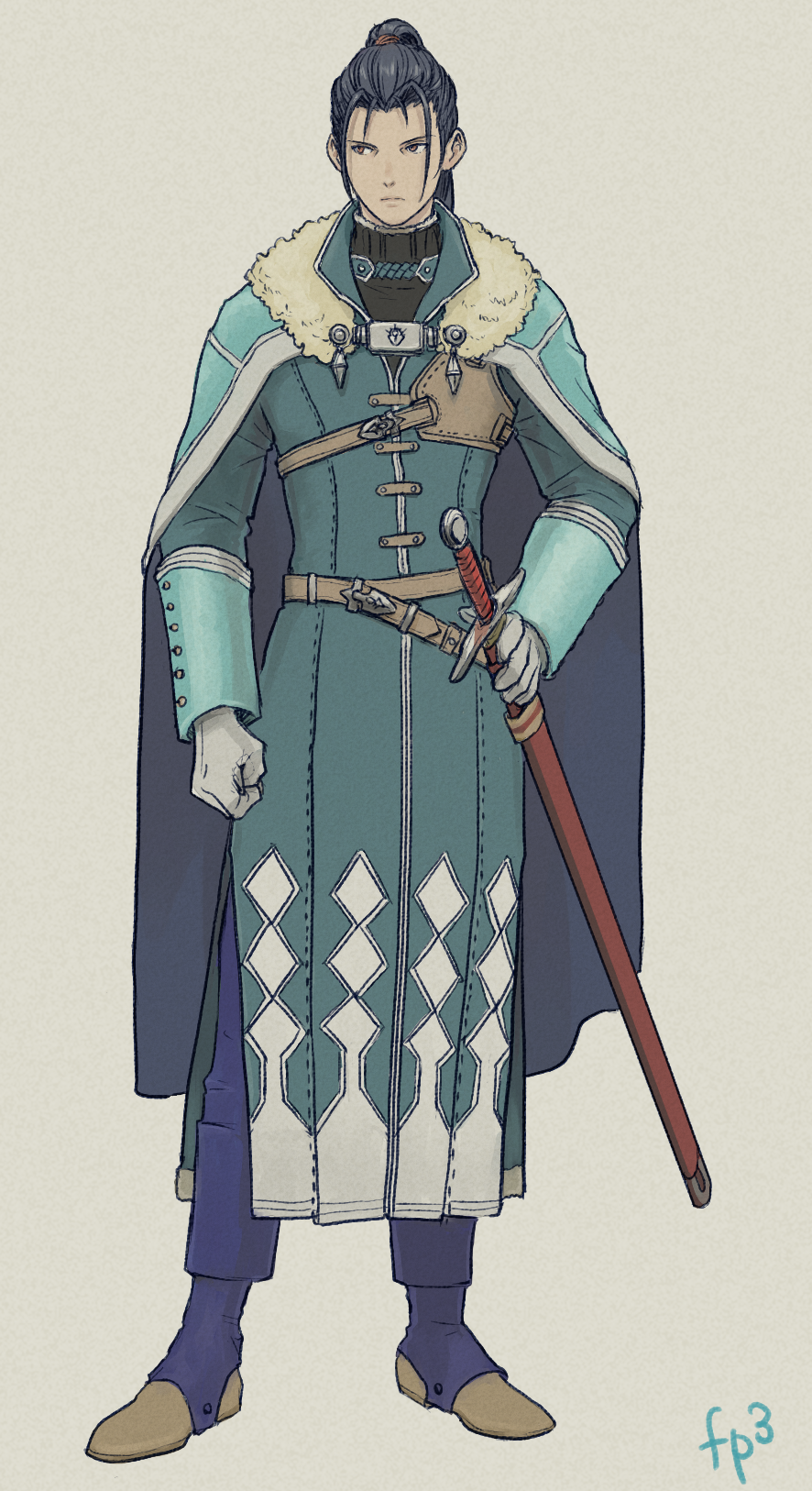 1boy, aqua_cape, black_hair, brown_footwear, cape, clenched_hand, felix_hugo_fraldarius, fire_emblem, fire_emblem:_three_houses, highres, holding, holding_sword, holding_weapon, long_hair, sheath, sheathed, solo, standing, sword, weapon, windcaller