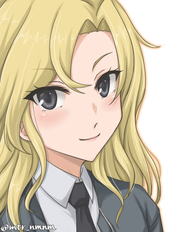 1girl, blonde_hair, blush, bomber_jacket, collared_shirt, eyebrows_visible_through_hair, eyelashes, eyes_visible_through_hair