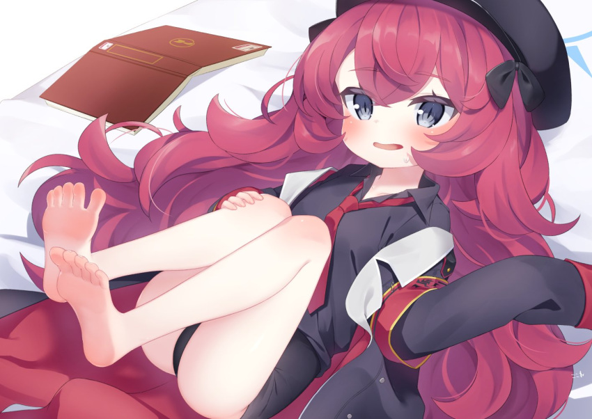 1girl, armband, bangs, bare_legs, barefoot, bed_sheet, black_bow, black_headwear