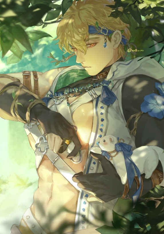 1boy, abs, black_gloves, blonde_hair, blue_headband, elbow_gloves, ermine, gloves