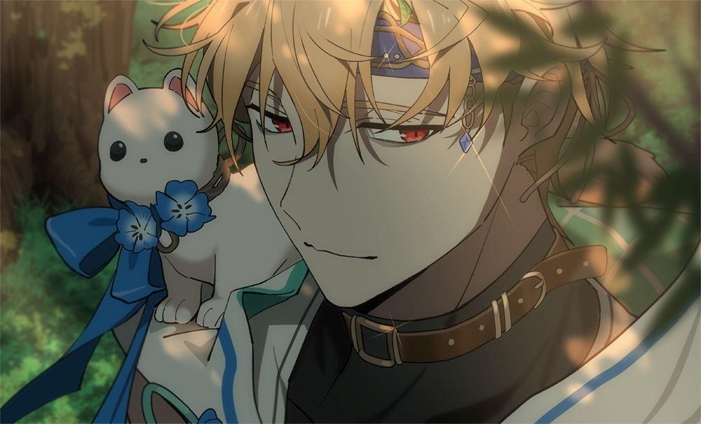 1boy, bags_under_eyes, blonde_hair, blue_flower, blue_headband, blue_ribbon, brown_choker, choker