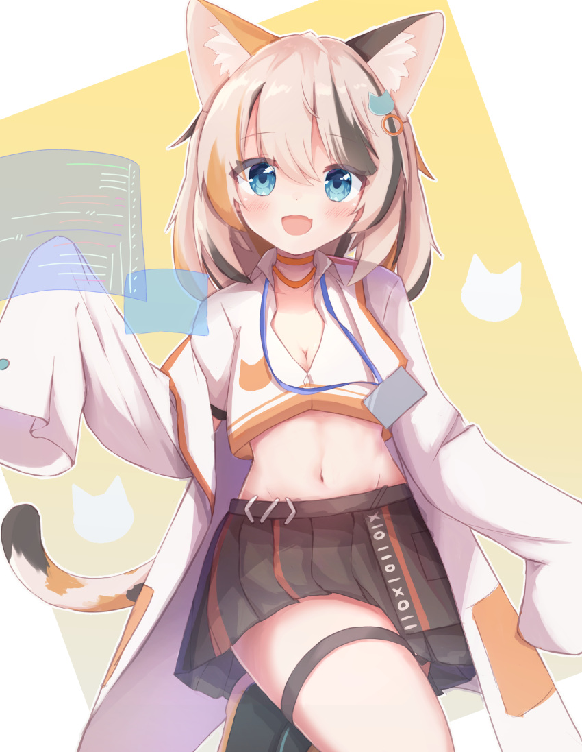 1girl, :d, absurdres, animal_ears, black_hair, blue_eyes, breasts, calico, cat_ears, cat_tail, chrocatz, commission, cropped_shirt, fang, highres, labcoat, light_brown_hair, long_sleeves, looking_at_viewer, medium_hair, midriff, miniskirt, multicolored_hair, navel, orange_hair, original, pixiv_request, pleated_skirt, skin_fang, skirt, sleeves_past_fingers, sleeves_past_wrists, smile, stomach, streaked_hair, tail