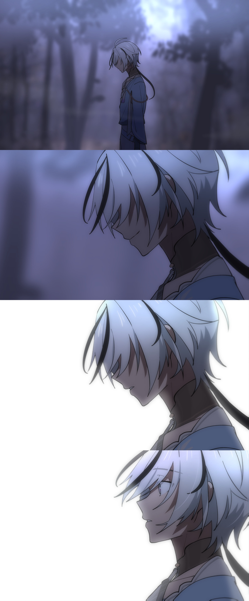 1boy, absurdres, black_hair, blade_(nu_carnival), highres, male_focus, multicolored_hair, nu_carnival, outdoors, profile, short_hair, smile, tree, two-tone_hair, white_hair, zaqxcsdwe123