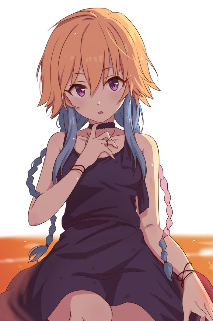 2_nostg, bangs, black_dress, blue_hair, braid, breasts, choker, dot_nose