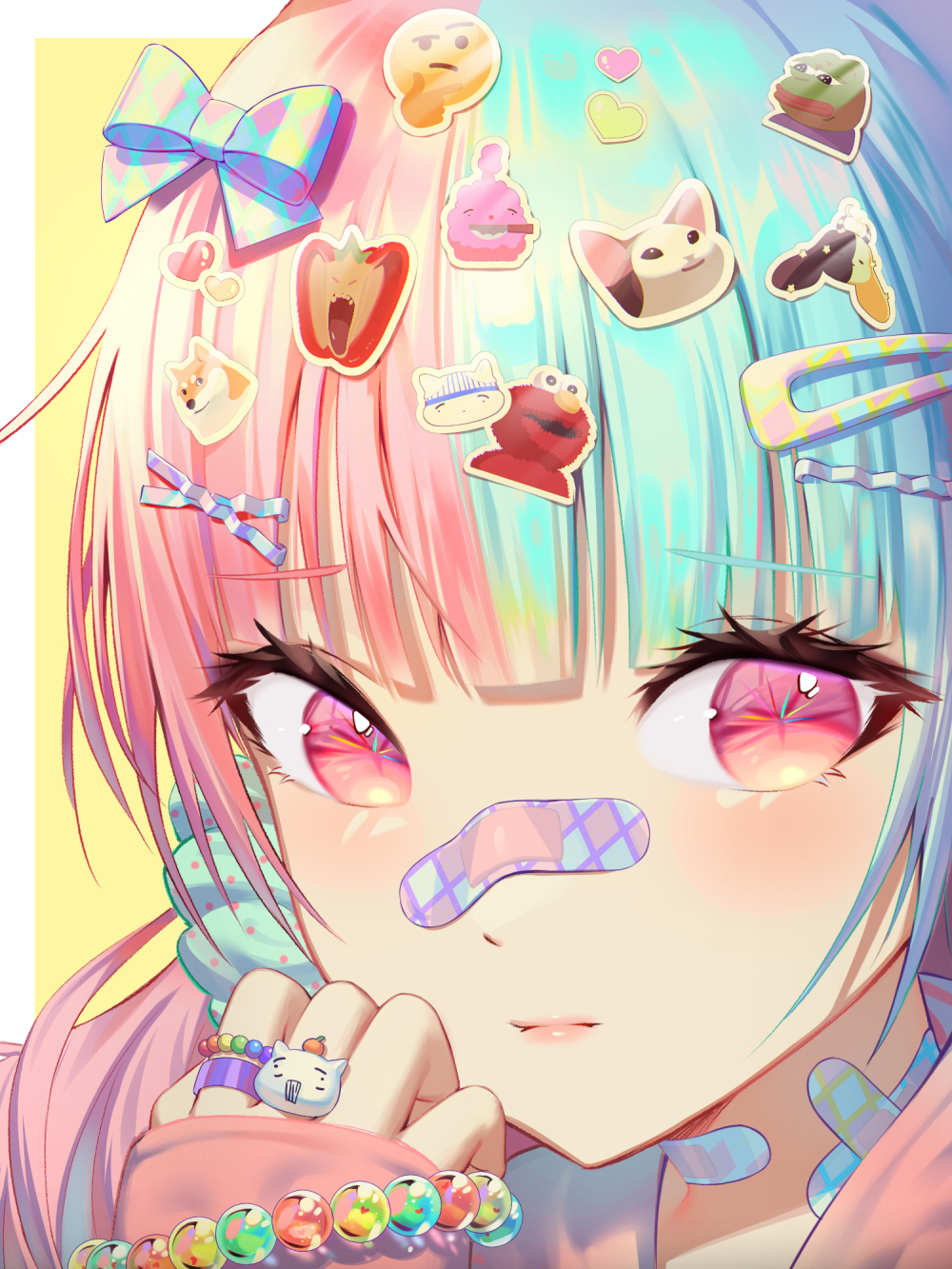 1girl, bandaid, bandaid_on_face, bandaid_on_neck, bandaid_on_nose, bangs, banned_artist, blue_hair, bow, close-up, closed_mouth, dai_nikucho, decora, doge, elmo, emoji, face, hair_bow, hair_ornament, hairclip, hand_up, heart, highres, light_blush, looking_at_viewer, meme, multicolored_hair, original, pepe_the_frog, pink_eyes, pink_hair, pop_cat_(meme), solo, sticker, two-tone_hair