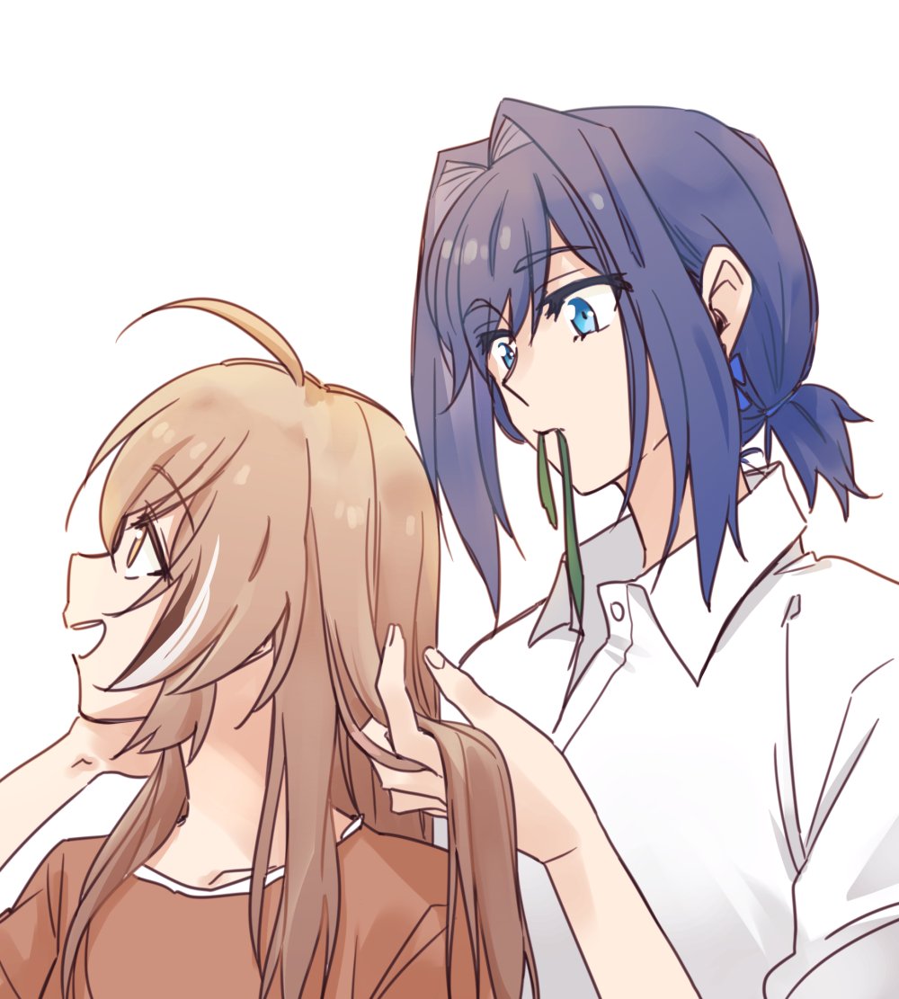 2girls, ahoge, alternate_costume, blue_eyes, blue_hair, brmameng, brown_eyes, brown_hair