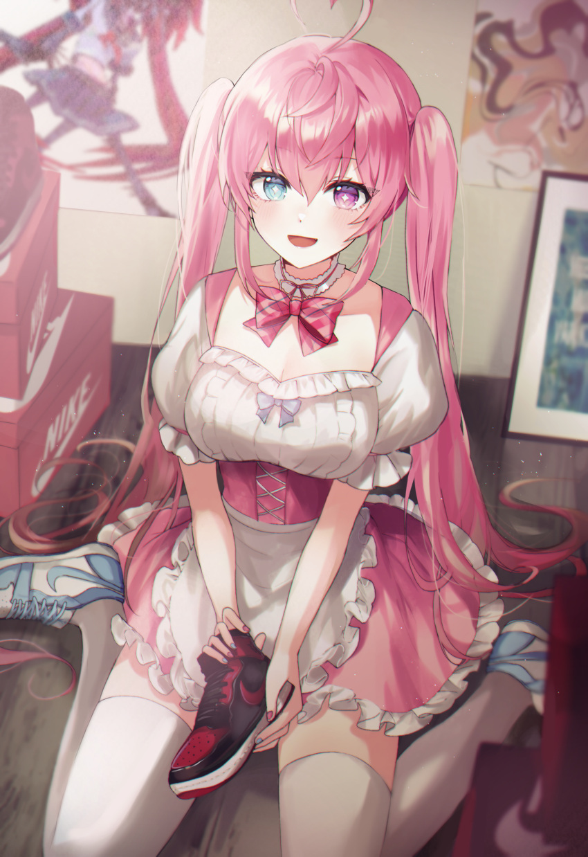 1girl, :d, absurdres, ahoge, apron, bangs, black_footwear, blue_bow