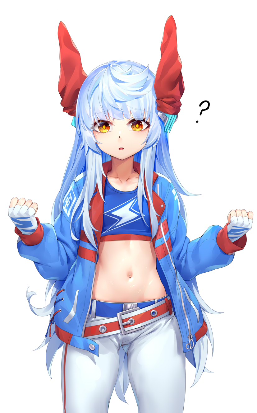 1girl, ?, belt, blue_hair, blue_jacket, breasts, brown_eyes, cosplay