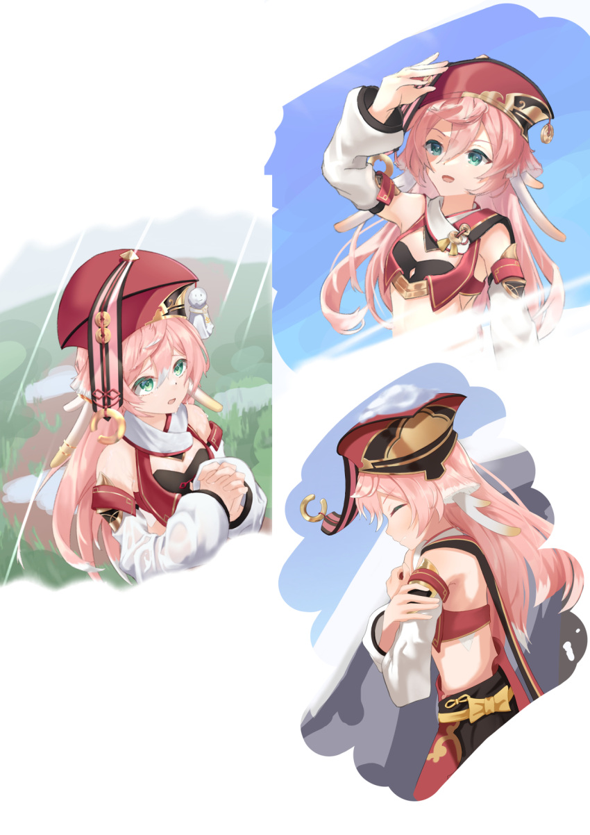 1girl, :d, bangs, bare_shoulders, crop_top, detached_sleeves, from_side, genshin_impact