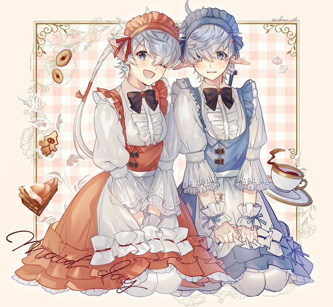 1boy, 1girl, ;d, adzuma_nishi, alisaie_leveilleur, alphinaud_leveilleur, alternate_costume, apron, bangs, black_bow, black_bowtie, blue_dress, blue_eyes, bow, bowtie, checkered_background, commentary, cookie, crossdressing, cup, dress, earclip, earrings, elezen, elf, embarrassed, enmaided, final_fantasy, final_fantasy_xiv, food, frilled_dress, frills, full_body, grey_hair, hair_over_one_eye, hair_ribbon, jewelry, light_blush, long_hair, looking_at_viewer, low_ponytail, maid, maid_apron, maid_day, maid_headdress, one_eye_closed, open_mouth, pie_slice, pointy_ears, puffy_sleeves, red_dress, ribbon, saucer, seiza, siblings, single_earring, sitting, smile, teacup, twins, v_arms, wrist_cuffs, yellow_background