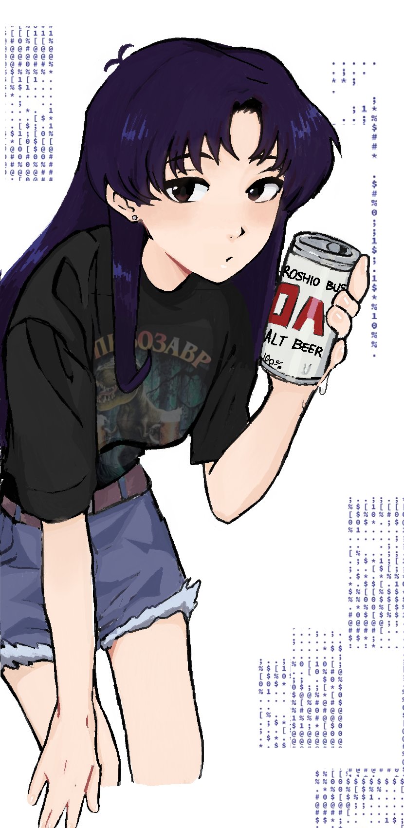 1girl, bangs, belt, black_shirt, brown_belt, brown_eyes, can, denim, denim_shorts, earrings, english_commentary, highres, holding, holding_can, jewelry, katsuragi_misato, logi_(lgdkn), long_hair, looking_at_viewer, neon_genesis_evangelion, parted_bangs, shirt, shirt_tucked_in, shorts, solo, wet, white_background