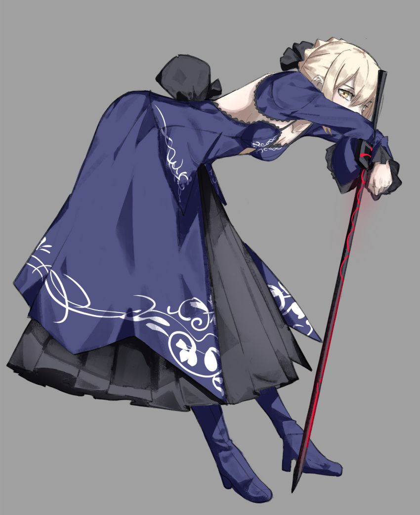 1girl, artoria_pendragon_(fate), bangs, blonde_hair, boots, bow, bowing, braid