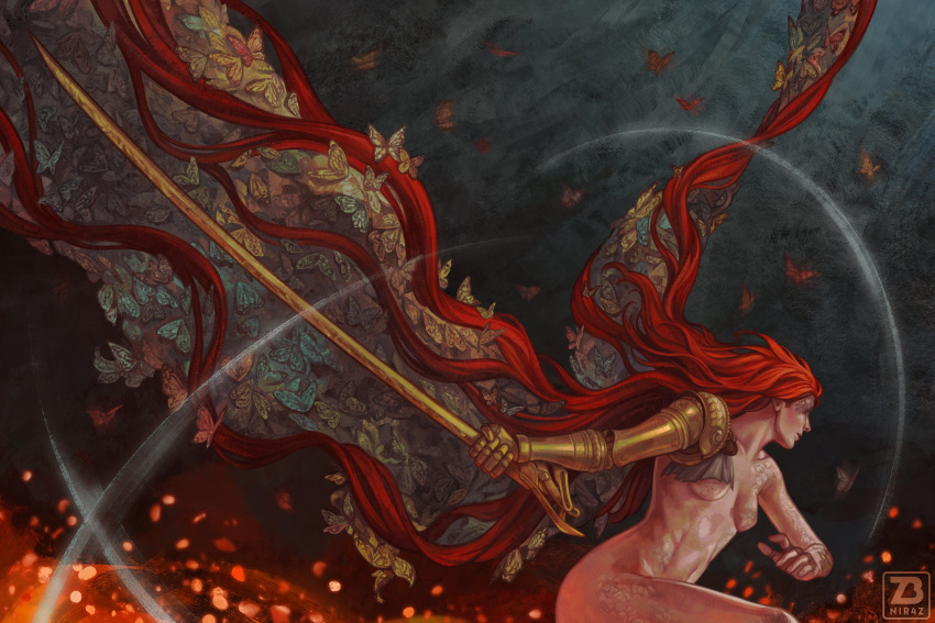 1girl, absurdres, amputee, breasts, bug, butterfly, completely_nude, elden_ring, floating_hair, highres, holding, holding_sword, holding_weapon, long_hair, malenia_blade_of_miquella, malenia_goddess_of_rot, navel, nir4z, nude, prosthesis, prosthetic_arm, prosthetic_leg, redhead, solo, sword, very_long_hair, weapon, wings