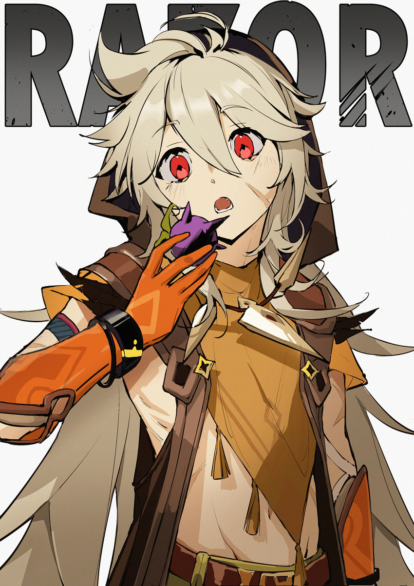 1boy, absurdres, ahoge, berry, bishounen, bone_necklace, character_name, genshin_impact, gloves, grey_hair, hand_up, highres, jewelry, linpiu, long_hair, male_focus, necklace, open_mouth, orange_gloves, razor_(genshin_impact), red_eyes, scar, scar_on_face, simple_background, sleeveless, solo, toned