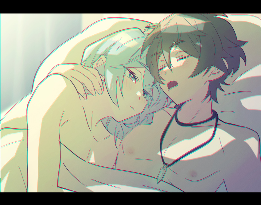 2boys, blue_eyes, edmond_(nu_carnival), eiden_(nu_carnival), enoki03, highres, jewelry, light_blue_hair, light_brown_hair, long_hair, male_focus, multiple_boys, necklace, nu_carnival, short_hair, sleeping, sleepy