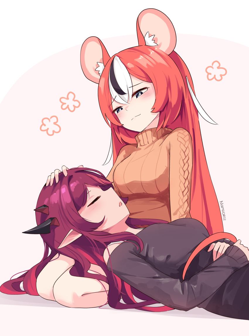 2girls, absurdres, animal_ears, artist_name, bare_shoulders, black_hair, blush, casual, closed_eyes, commentary, demon_horns, english_commentary, hair_down, hakos_baelz, hand_on_another's_head, highres, hololive, hololive_english, horns, irys_(hololive), lap_pillow, long_hair, long_sleeves, looking_at_another, mouse_ears, mouse_girl, mouse_tail, multicolored_hair, multiple_girls, namiorii, pointy_ears, purple_hair, redhead, ribbed_sweater, sitting, sleeping, sleeping_on_person, smile, streaked_hair, sweater, tail, turtleneck, turtleneck_sweater, very_long_hair, white_hair, yuri