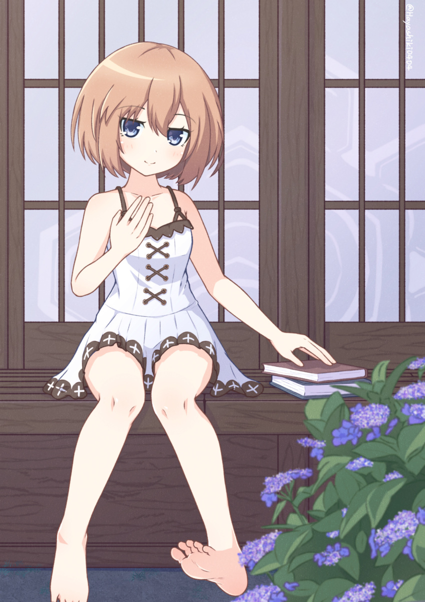 1girl, absurdres, bare_arms, bare_legs, bare_shoulders, barefoot, blanc_(neptune_series), blue_eyes, blush, book, brown_hair, dress, hair_between_eyes, highres, looking_at_viewer, neptune_(series), short_hair, sitting, smile, solo, spaghetti_strap, white_dress, yashi_(hayashiki0404)