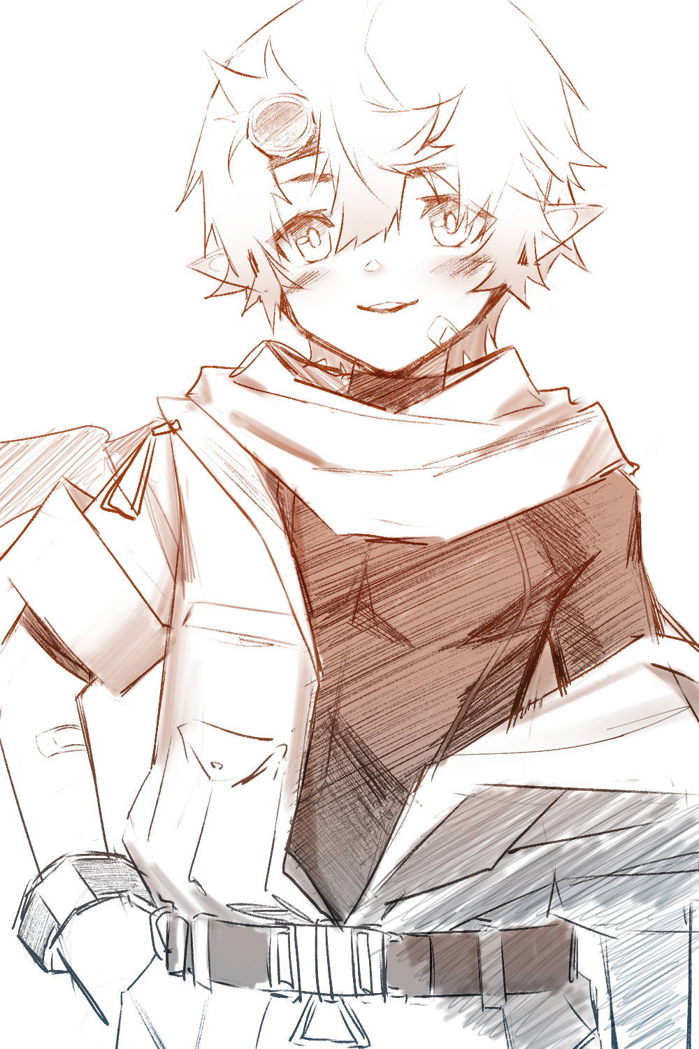 1boy, arknights, bandaid, bandaid_on_face, belt, black_shirt, blush, boy_scout