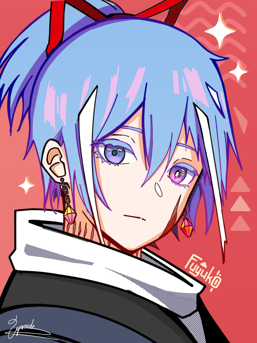 1girl, absurdres, blue_eyes, blue_hair, earrings, heterochromia, highres, jewelry, original, portrait, red_ribbon, ribbon, scar, scar_on_face, scar_on_neck, violet_eyes, xyanide
