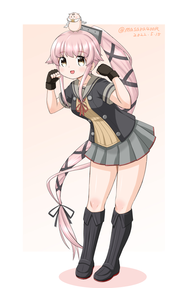 1girl, black_footwear, black_gloves, black_jacket, boots, creature_on_head, gloves, grey_sailor_collar