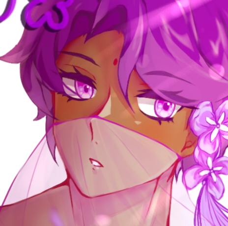 1boy, arabian_clothes, colored_eyelashes, commentary, cookie_run, dark-skinned_male, dark_skin, eyebrows_visible_through_hair, face, flower, hair_flower, hair_ornament, korean_commentary, lilac_cookie, looking_at_viewer, lowres, male_focus, petals, purple_hair, short_hair, solo, topless_male, upper_body, user_vesz2377, violet_eyes
