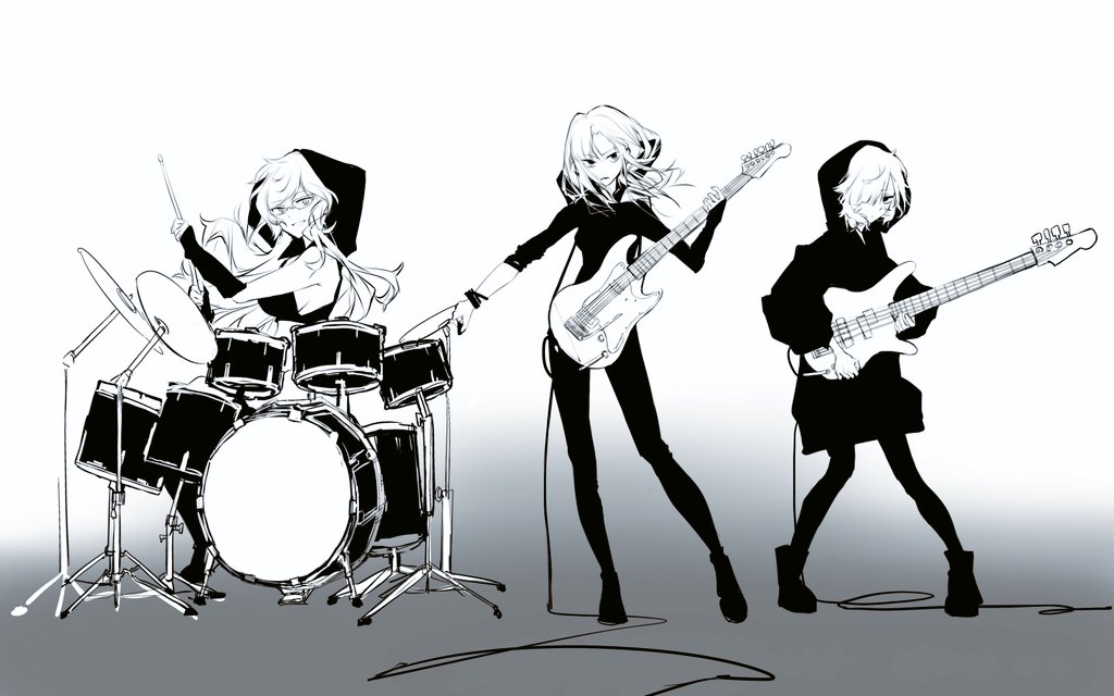 >:(, 3girls, alternate_costume, arm_warmers, asymmetrical_sleeves, bangs, bass_guitar, black_footwear